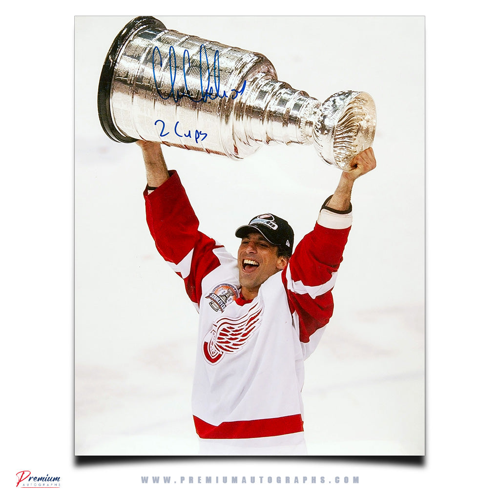 Chris Chelios Detroit Red Wings Signed 16x20 Photograph, Stanley Cup Celebration w/ 2 Cups Inscription
