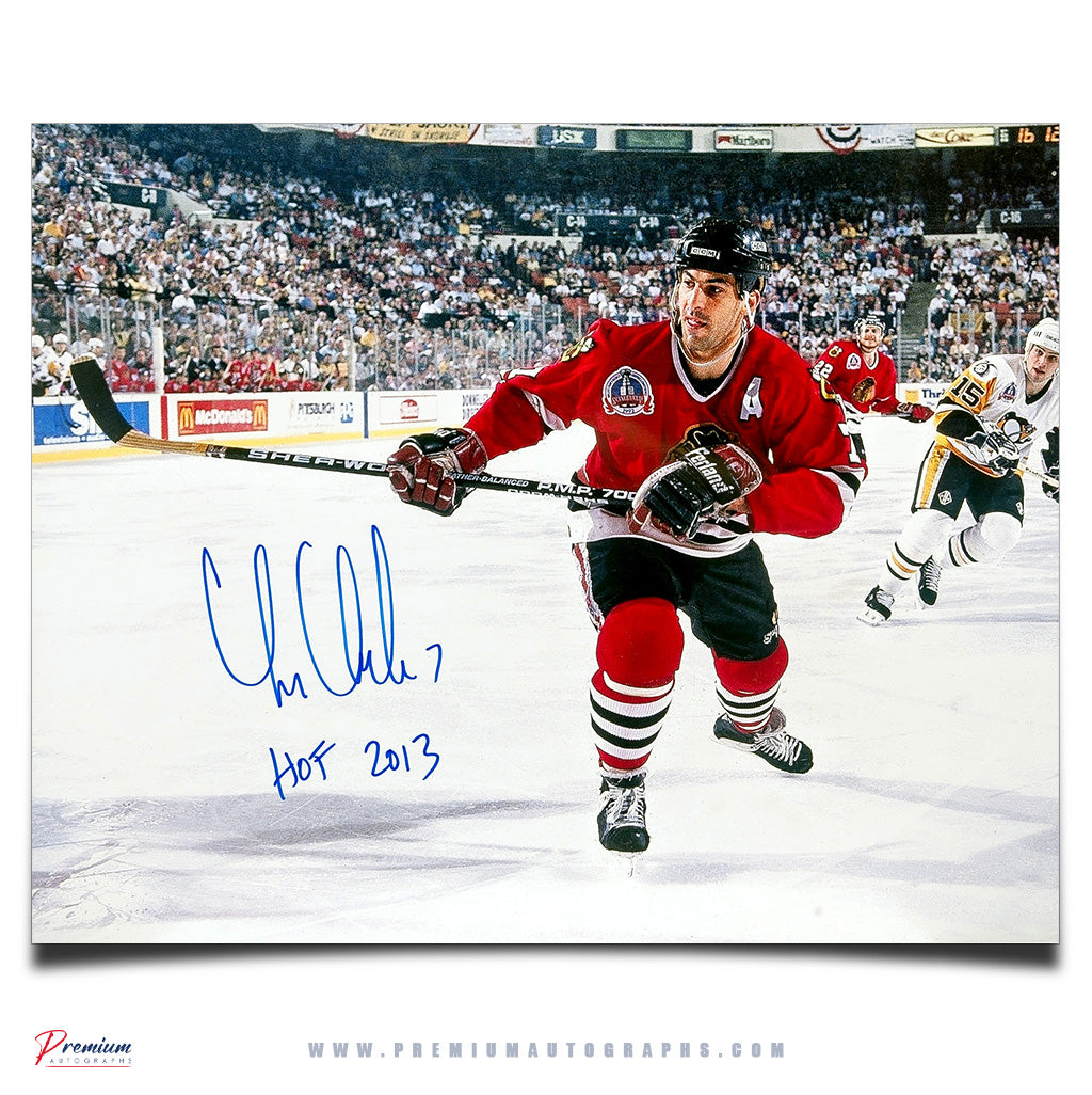 Chris Chelios Chicago Blackhawks Signed 16x20 Photograph Vs. Penguins w/ HOF 2013 Inscription