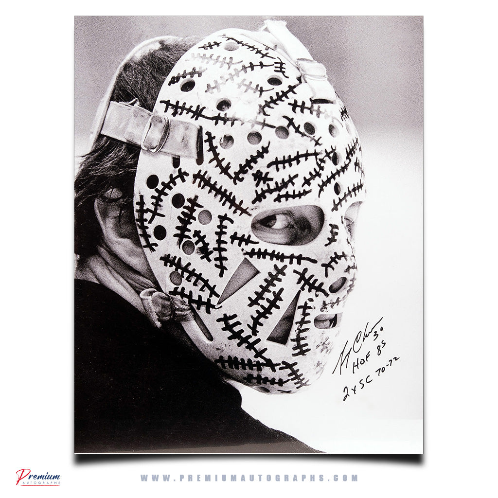 Gerry Cheevers Boston Bruins Signed 16x20 Photograph Mask Closeup w/ HOF 85 & 2x SC 70-72 Inscriptions