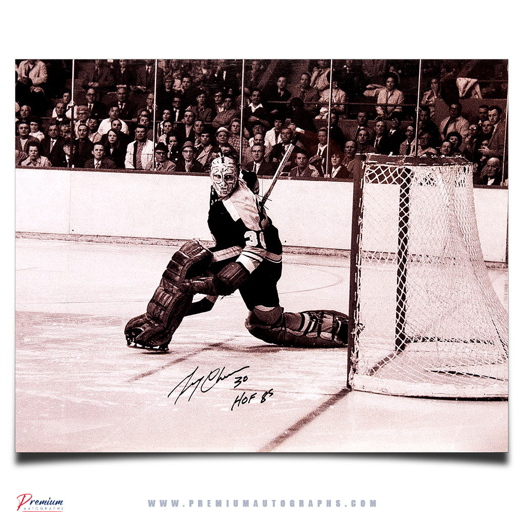 Gerry Cheevers Boston Bruins Signed 16x20 Photograph Stare down w/ HOF 85 Inscription