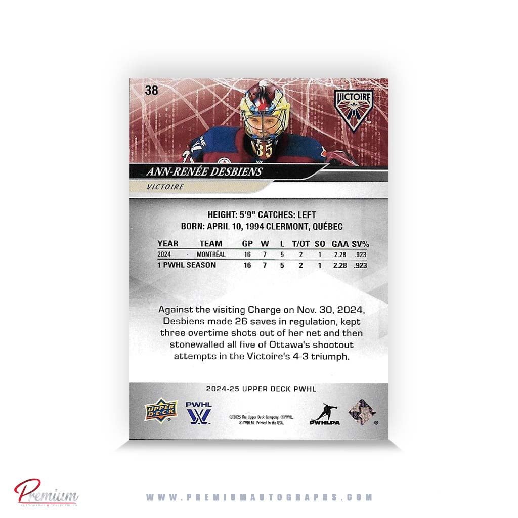 Ann-Renee Desbiens Montreal Victoire Autographed 2024-25 Upper Deck PWHL Hockey Card #38 Ltd /35 Nicknames edn. w/ "Deb" Inscription