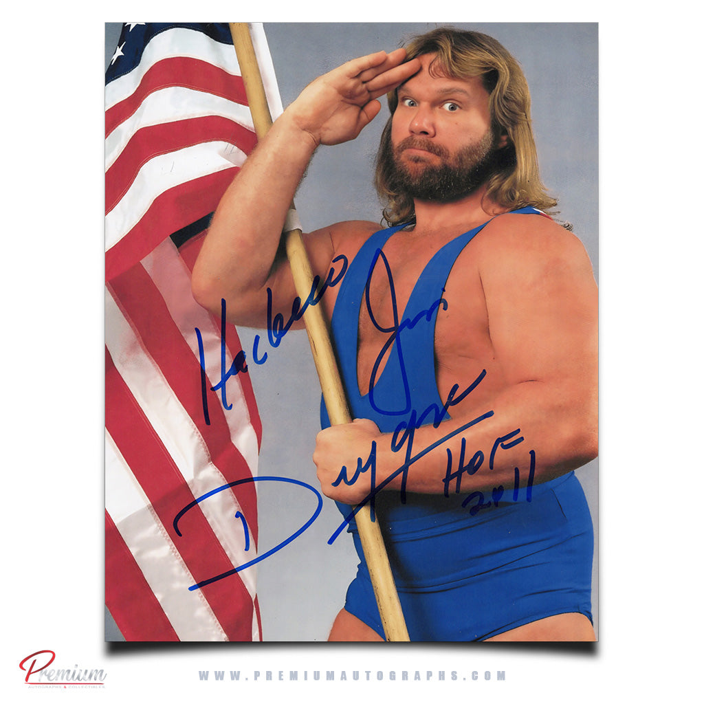Hacksaw Jim Duggan WWE Wrestling Autographed 8x10 Photograph American Flag w/ HOF 2011 Inscription