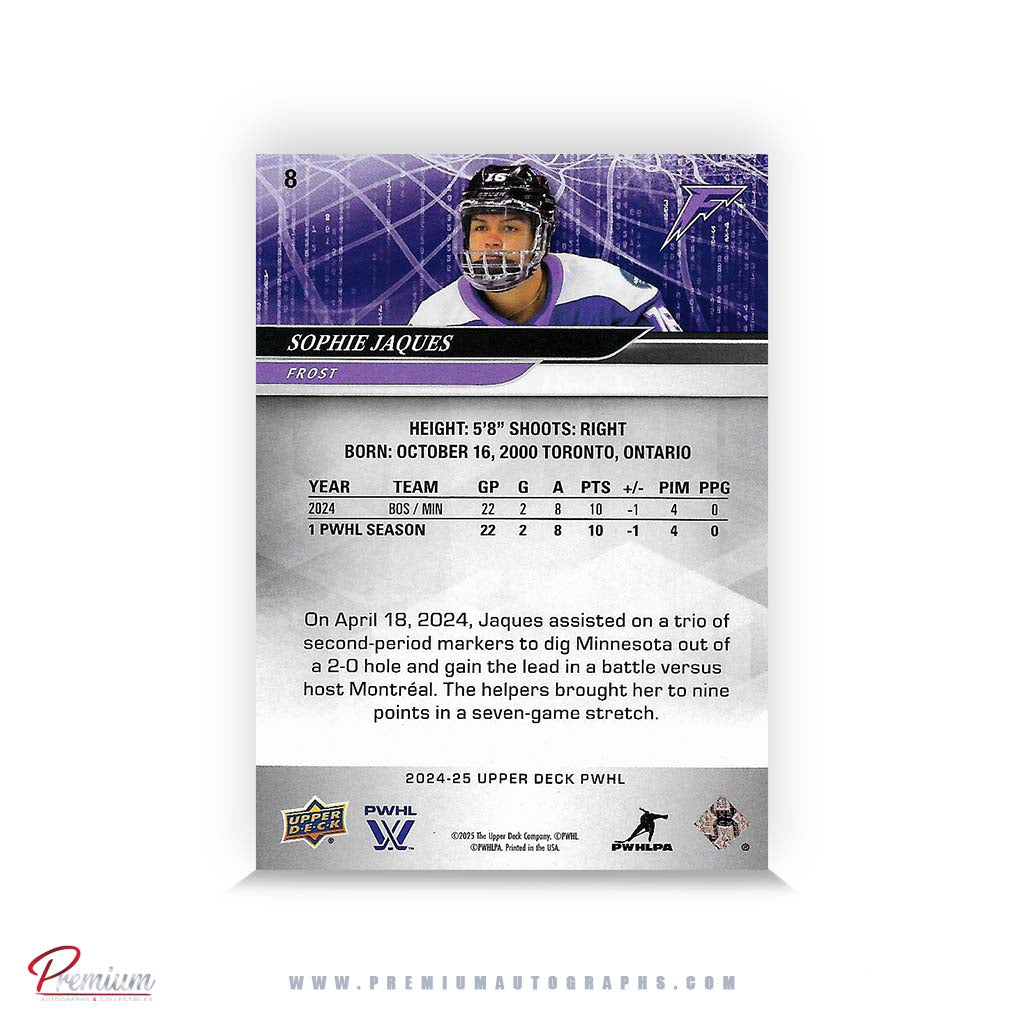 Sophie Jaques Minnesota Frost Autographed 2024-25 Upper Deck PWHL Hockey Card #8 Ltd /16 Nicknames edn. w/ "Soph" Inscription