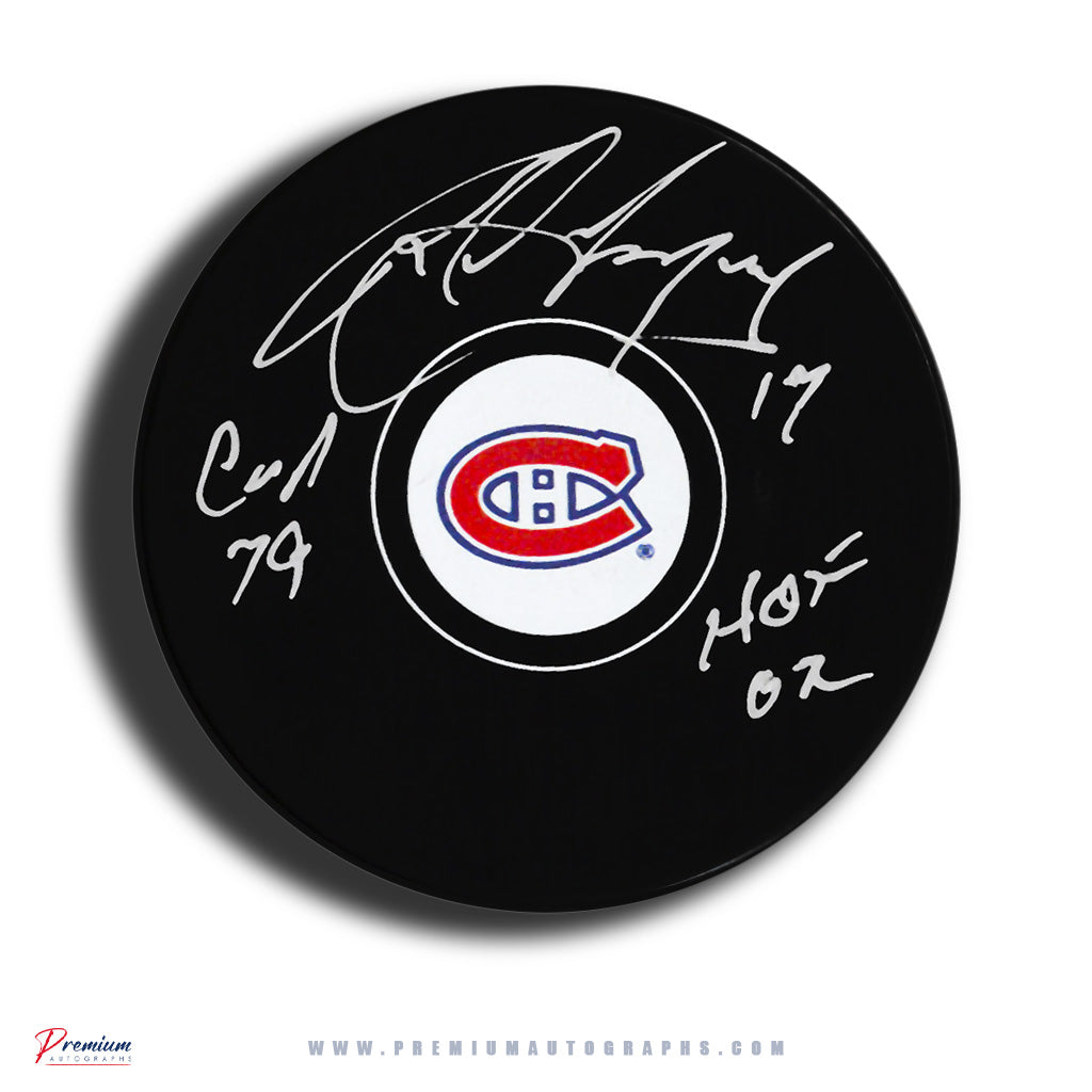Rod Langway Montreal Canadiens Signed Puck w/ 79 Cup & HOF Inscriptions