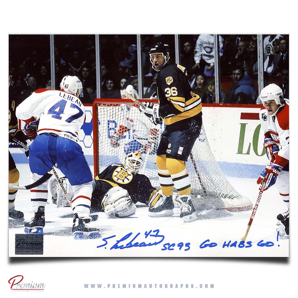Stephan Lebeau Montreal Canadiens Signed 8x10 Photograph Crashing the Net w/ SC 93 Go Habs Go Inscription