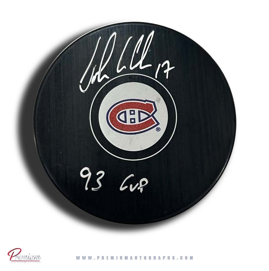 John LeClair Montreal Canadiens Autographed Puck w/ 93 Cup Inscription
