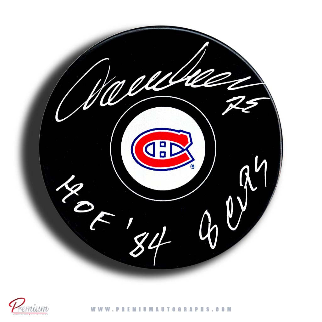 Lacques Lemaire Montreal Canadiens Autographed Puck w/ HOF ' 84 & 8 Cups Inscription