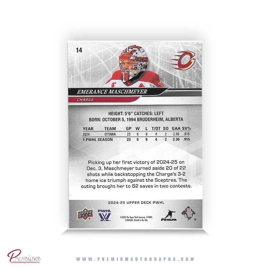 Emerance Maschmeyer Ottawa Charge Autographed 2024-25 Upper Deck PWHL Hockey Card #14 Ltd /38 Nicknames edn. w/ "Masch" Inscription