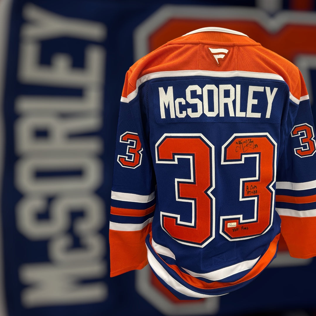 Marty MsSorley Edmonton Oilers Fanatics Autographed Jersey w/ 2 cups 87 + 88 & 3381 PIM Inscription
