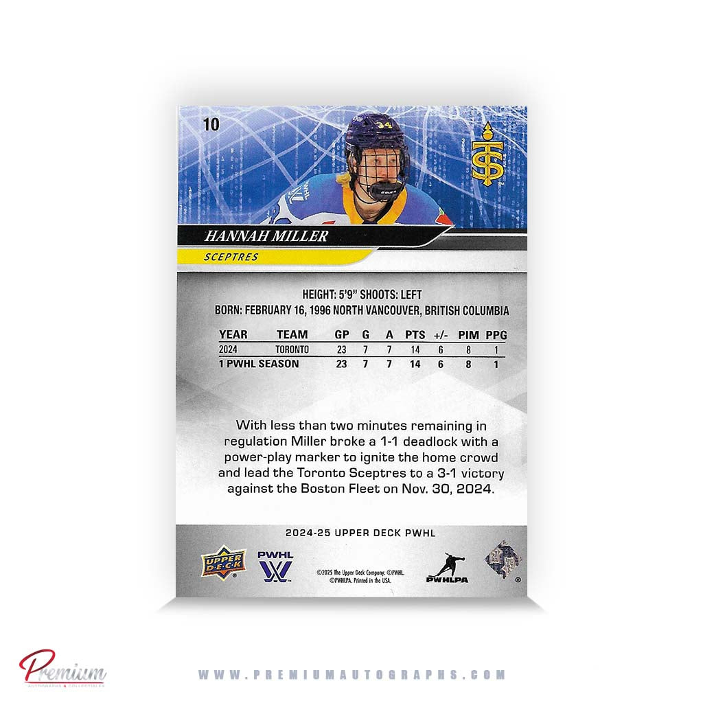 Hannah Miller Toronto Sceptres Autographed 2024-25 Upper Deck PWHL Hockey Card #10 Ltd /34 Nicknames edn. w/ "Millay" Inscription