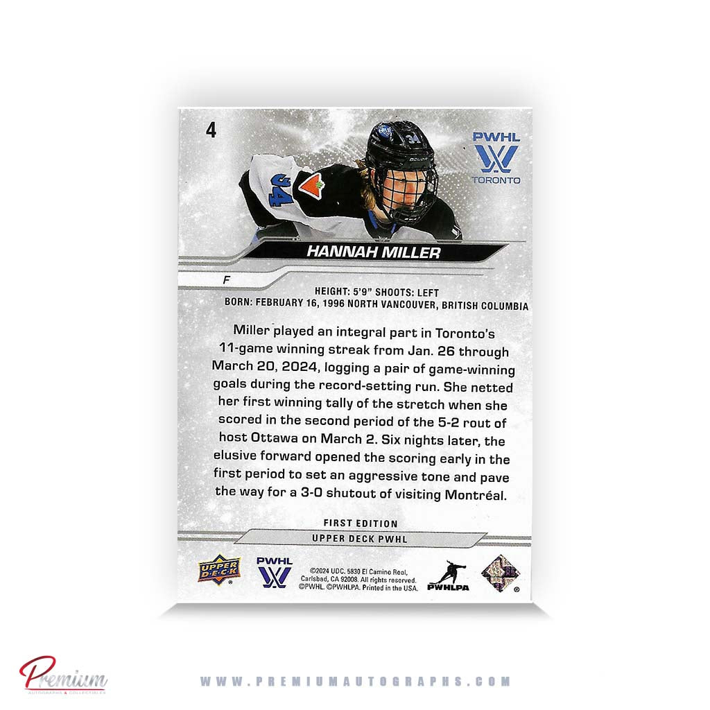 Hannah Miller Toronto Sceptres Autographed 2024-25 First Edition Upper Deck PWHL Hockey Card #4