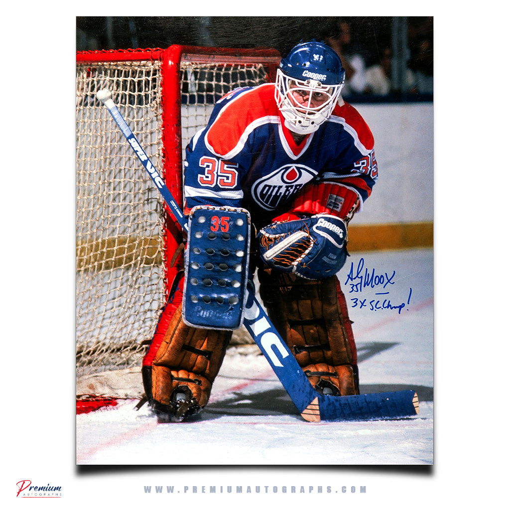 Andy Moog Edmonton Oilers Signed 16x20 Photograph Cooper Mask w/ 3x S.C. Champ! Inscription