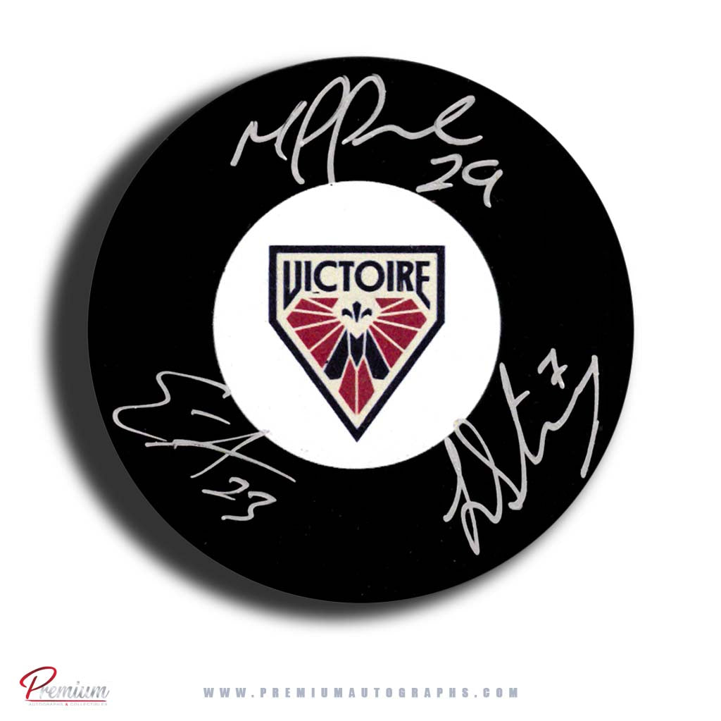 Marie-Philip Poulin, Laura Stacey & Erin Ambrose Montreal Victoire Triple Autographed PWHL Puck