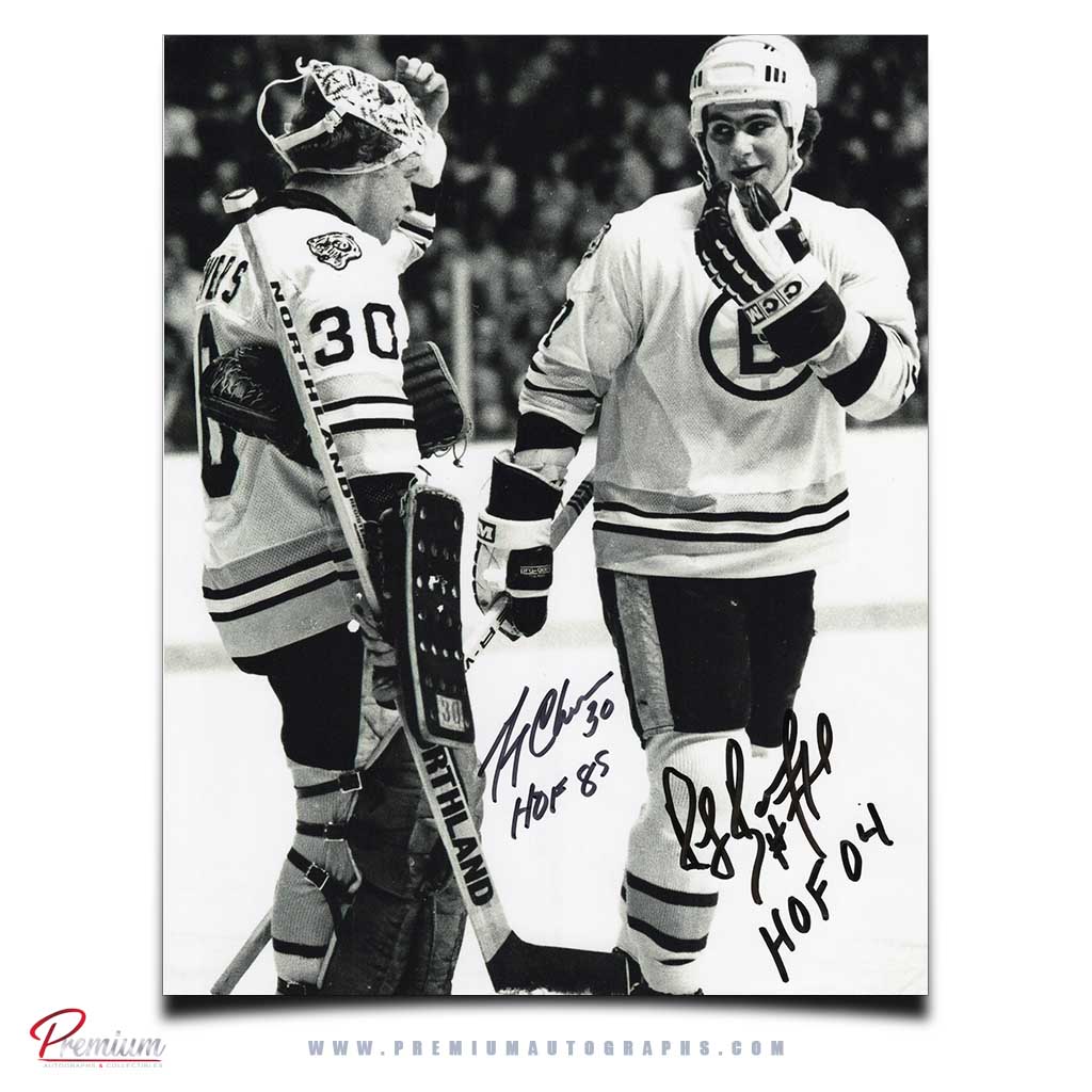 Gerry Cheevers & Ray Bourque Boston Bruins Signed 8x10 Photograph w/ 95 & 04 HOF Inscription