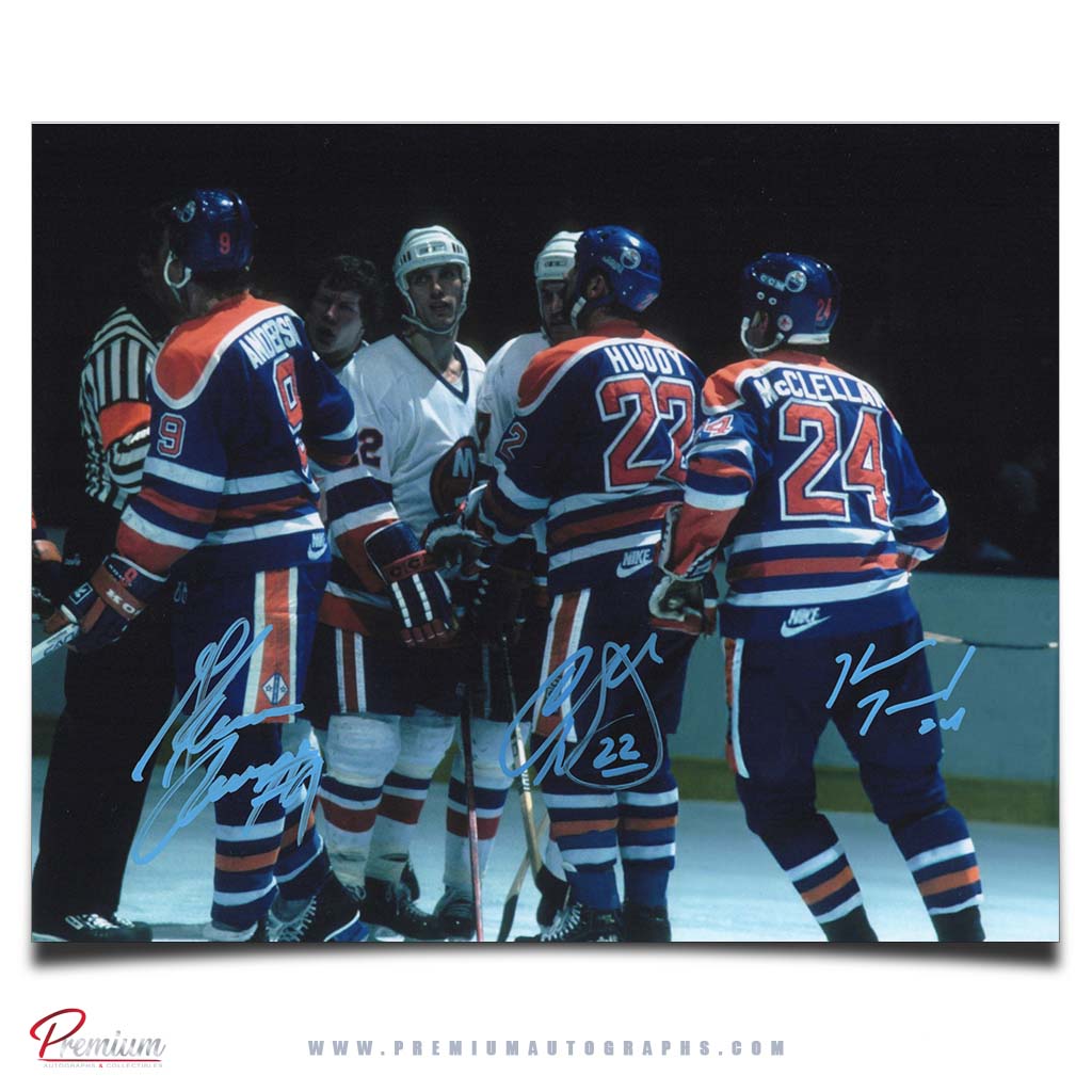Glenn Anderson, Charlie Huddy & Kevin McClelland Edmonton Oilers Autographed 8x10 Photograph Islanders Hand Shake