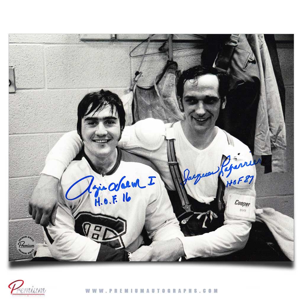 Rogie Vachon & Jacques Laperriere Montreal Canadiens Signed 8x10 Photograph Post Game Locker Room w/ HOFInscription