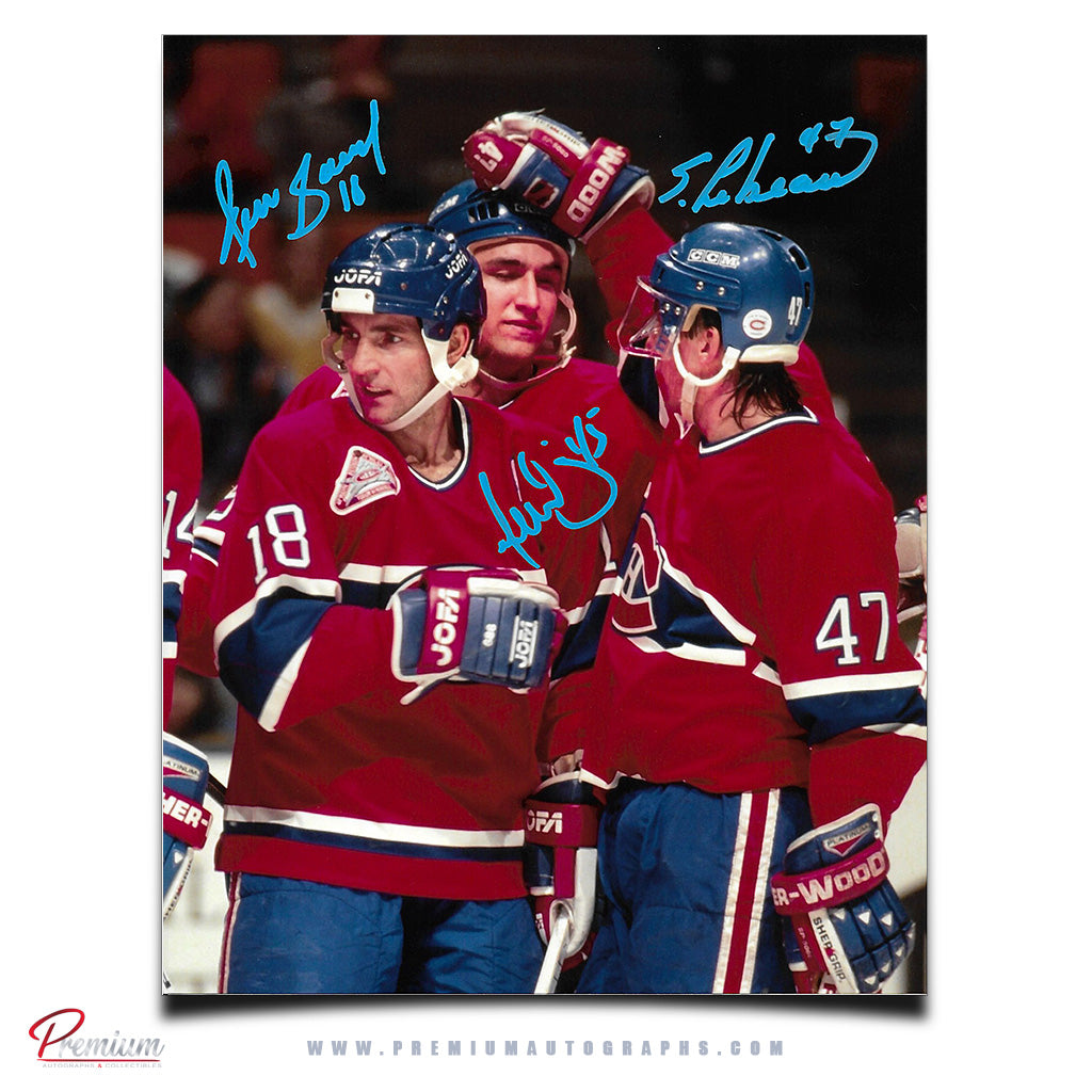 Danis Savard, Stephen Lebeau, Gilbert Dionne Montreal Canadiens Autographed 8x10 Photograph Goal Celebration