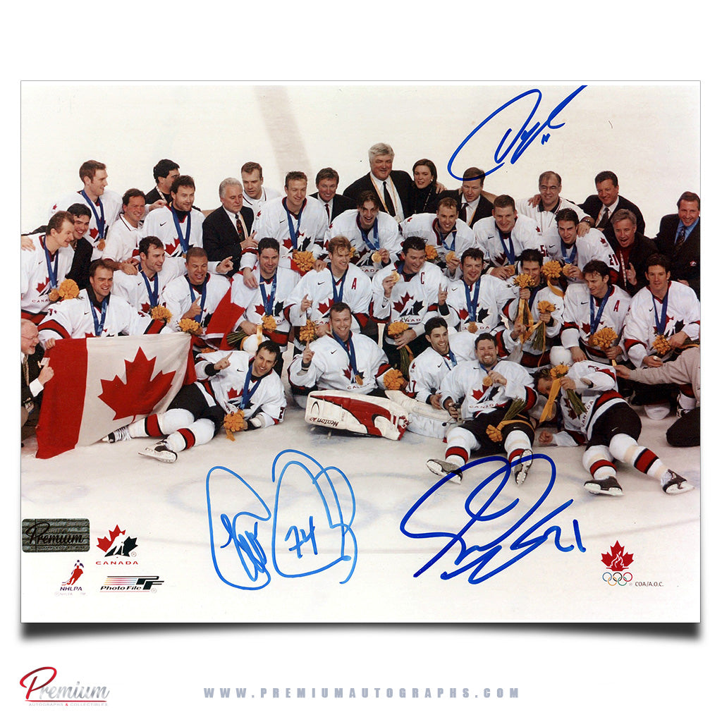 Owen Nolan, Theoren Fleury & Simon Gagne Team Canada 2002 Olympic Gold Autographed 8x10 Photograph Centre Ice Team Photo