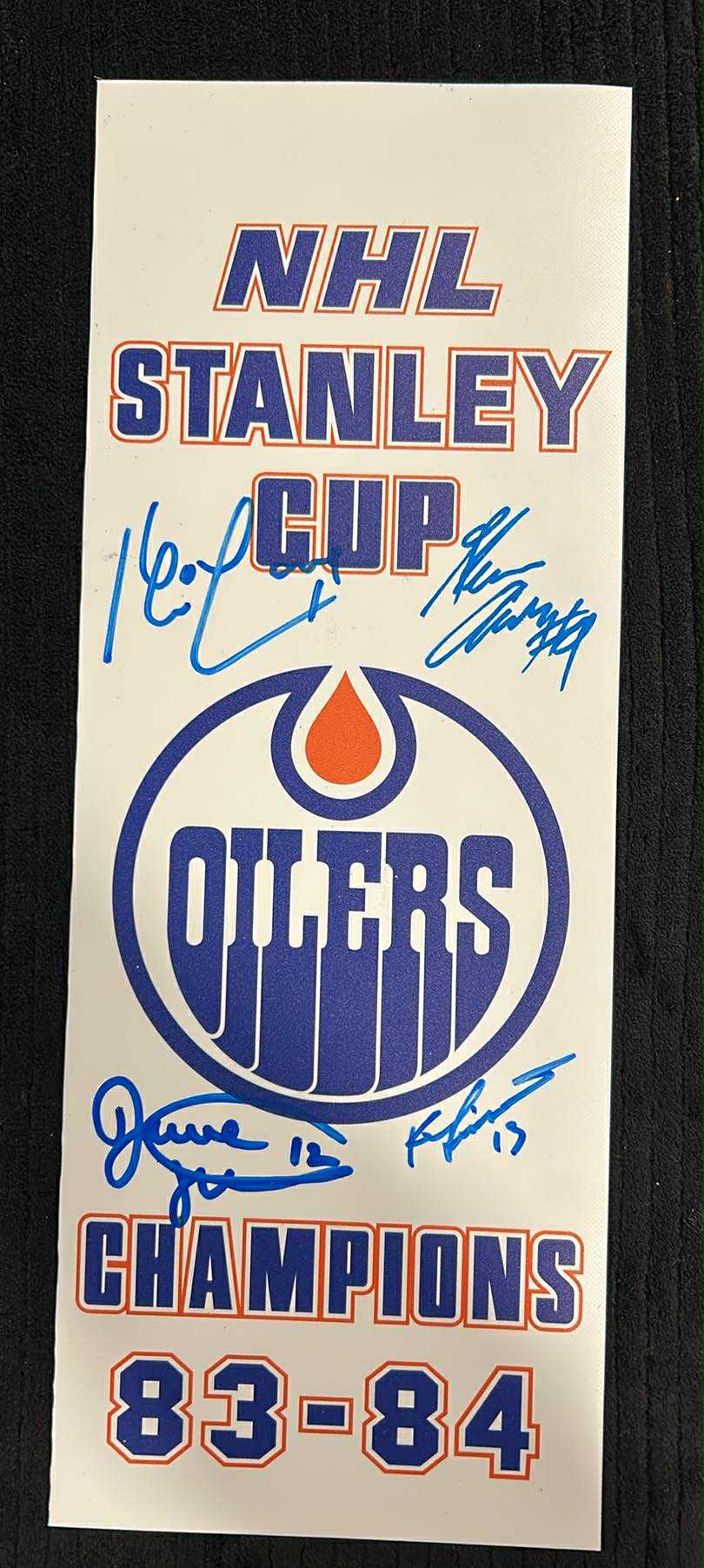 Oilers 83-84 Stanley Cup Champions Banners Autographed by Kevin Lowe, Dave Hunter, Ken Linseman & Glenn Anderson