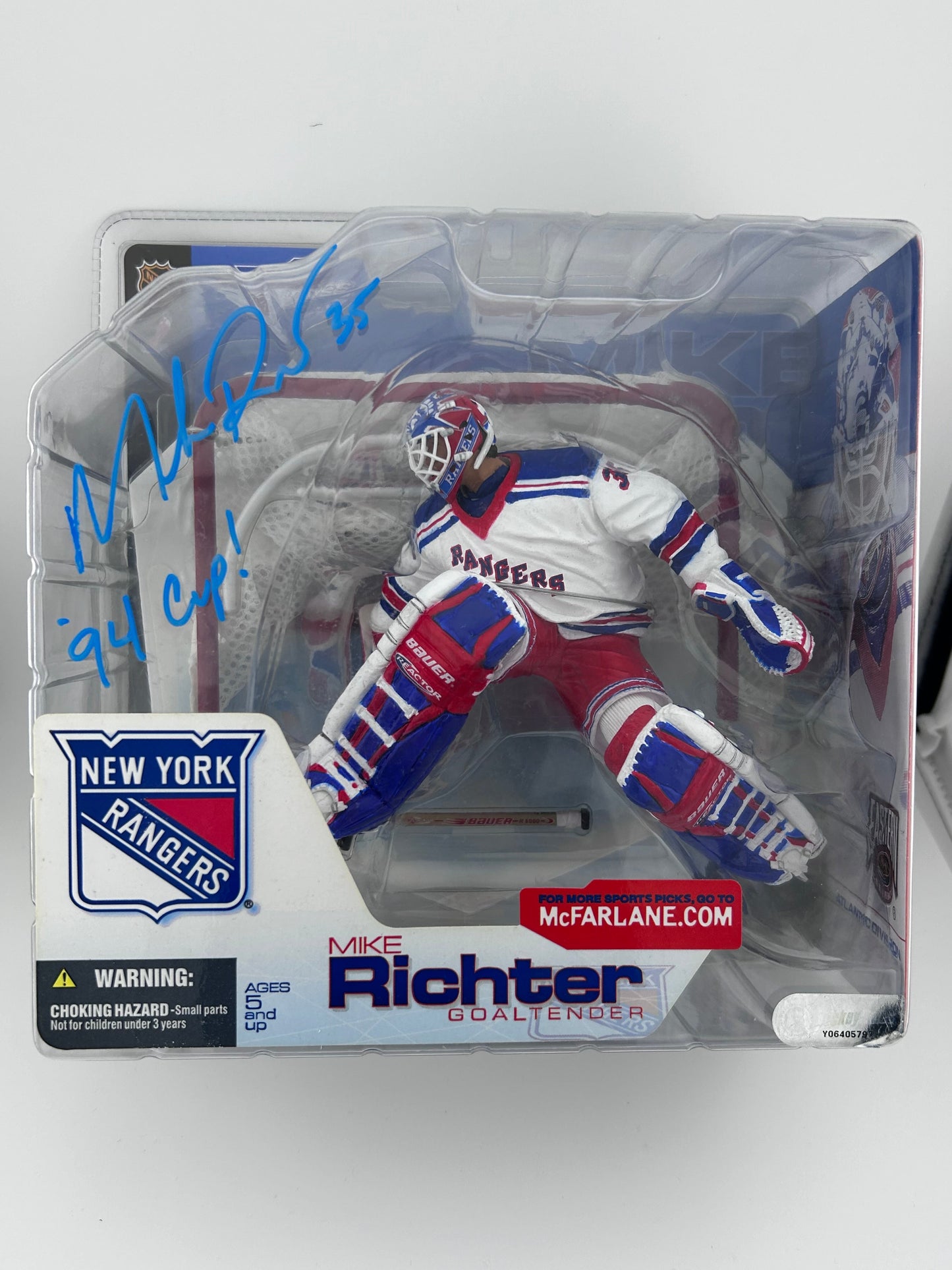 Mike Richter New York Rangers Autographed McFarlane (on package) w/ 94 Cup Inscription in blue paint pen