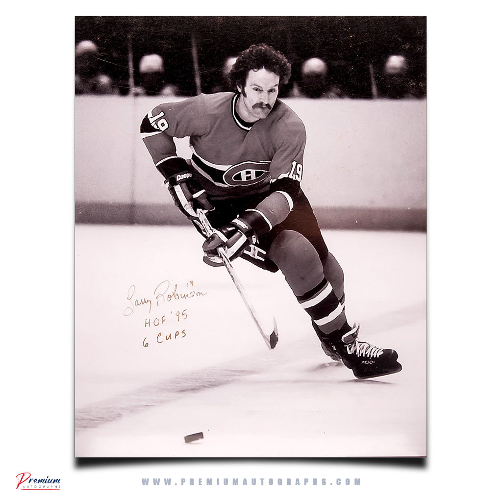 Larry Robinson Monrtreal Canadiens Signed 16x20 Photograph Passing the Puck w/ HOF 95 & 6 Cups Inscriptions