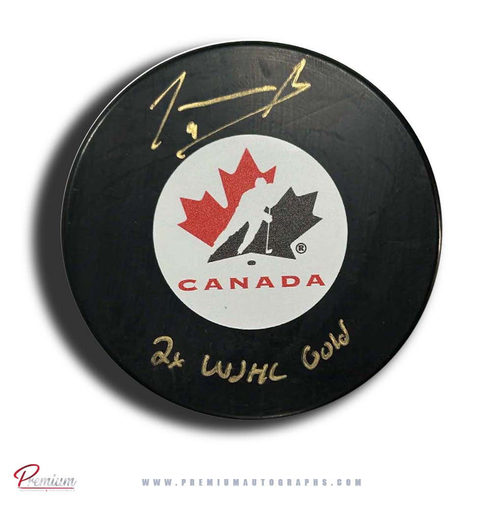Joshua Roy Team Canada Autographed Puck w/ 2x WSHL Gold Inscription