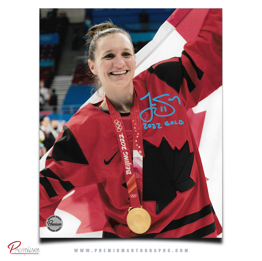 Jill Saulnier Team Canada Autographed 8x10 Photograph Flag Celebration w/ 2022 Gold Inscription
