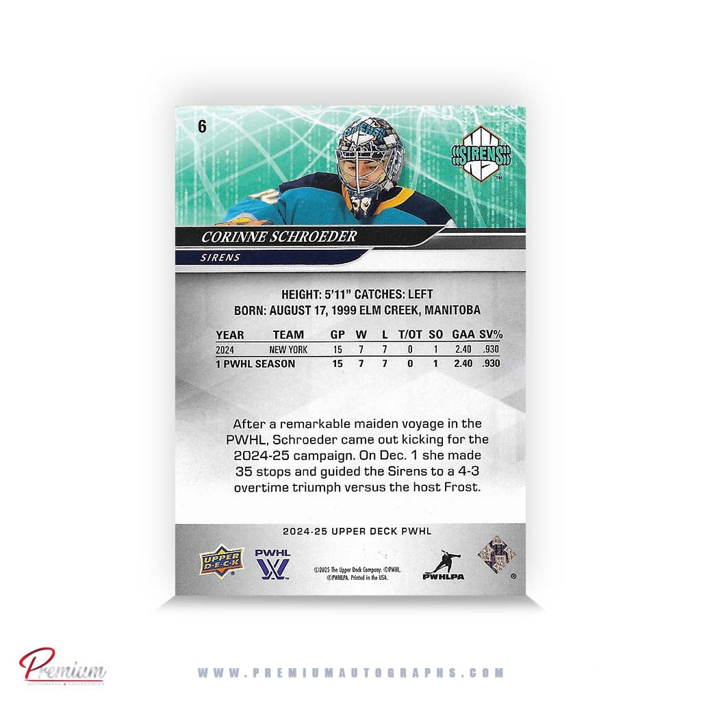Corinne Schroeder Boston Fleet Autographed 2024-25 Upper Deck PWHL Hockey Card #30 Ltd /30 Nicknames edn. w/ "Schroads" Inscription