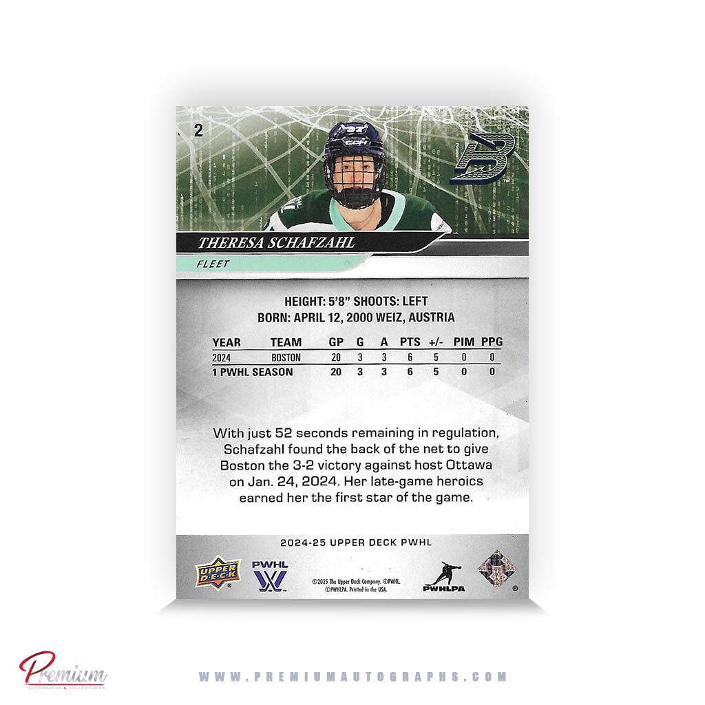 Theresa Schafzahl Boston Fleet Autographed 2024-25 Upper Deck PWHL Hockey Card #2 Ltd /37 Nicknames edn. w/ "T" Inscription