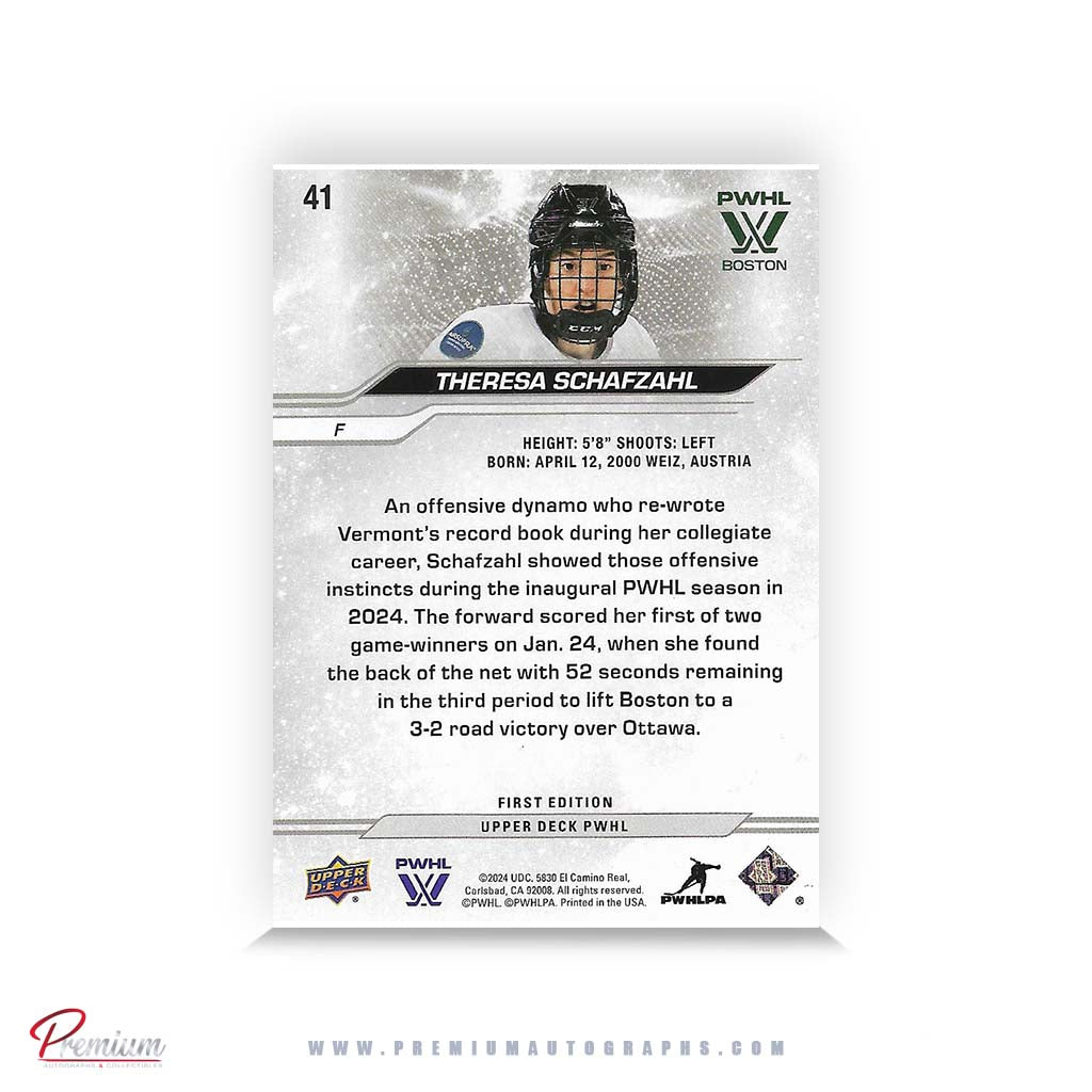 Theresa Schafzahl Boston Fleet Autographed 2024-25 First Edition Upper Deck PWHL Hockey Card #41