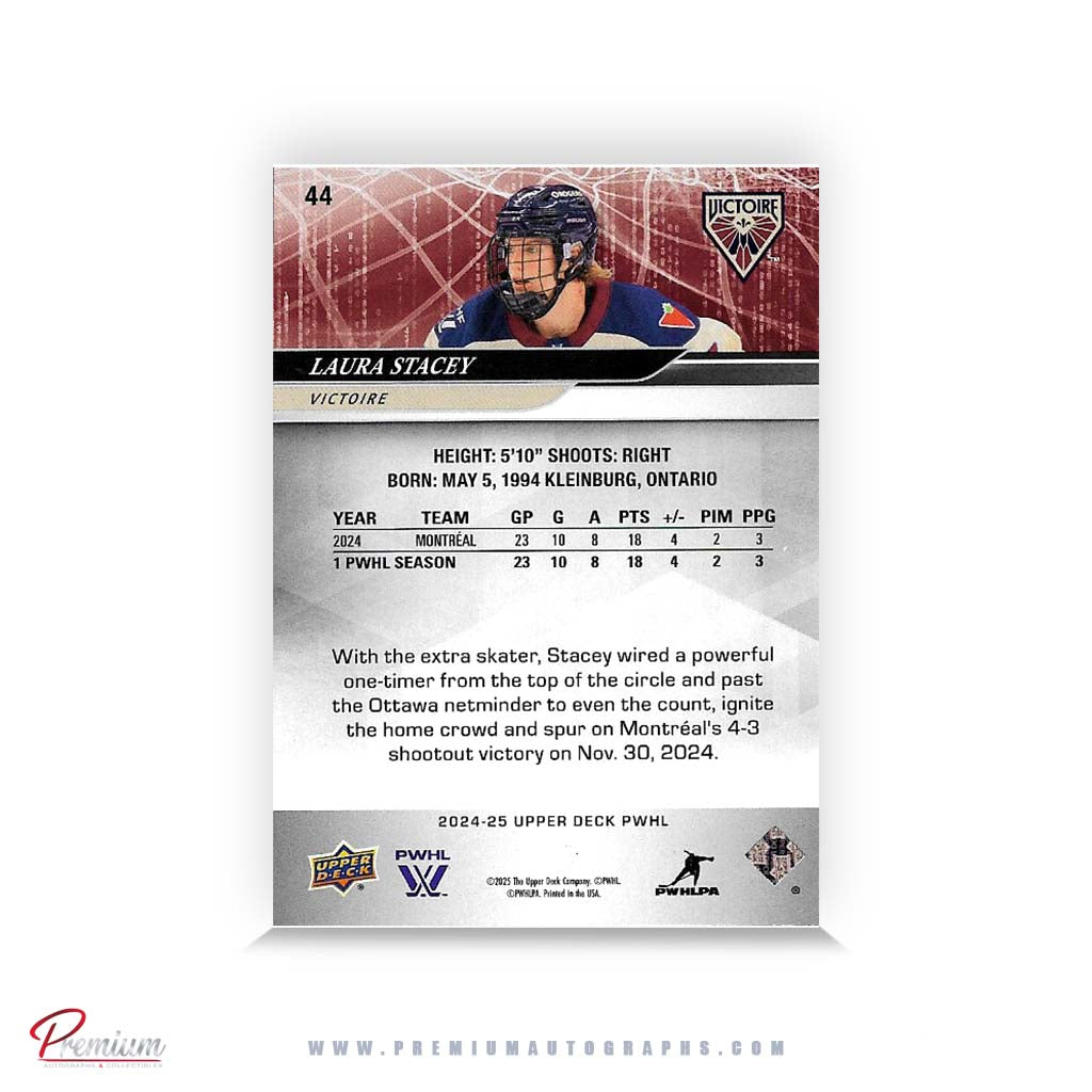 Laura Stacey Montreal Victoire Autographed 2024-25 Upper Deck PWHL Hockey Card #44 Ltd /27 Nicknames