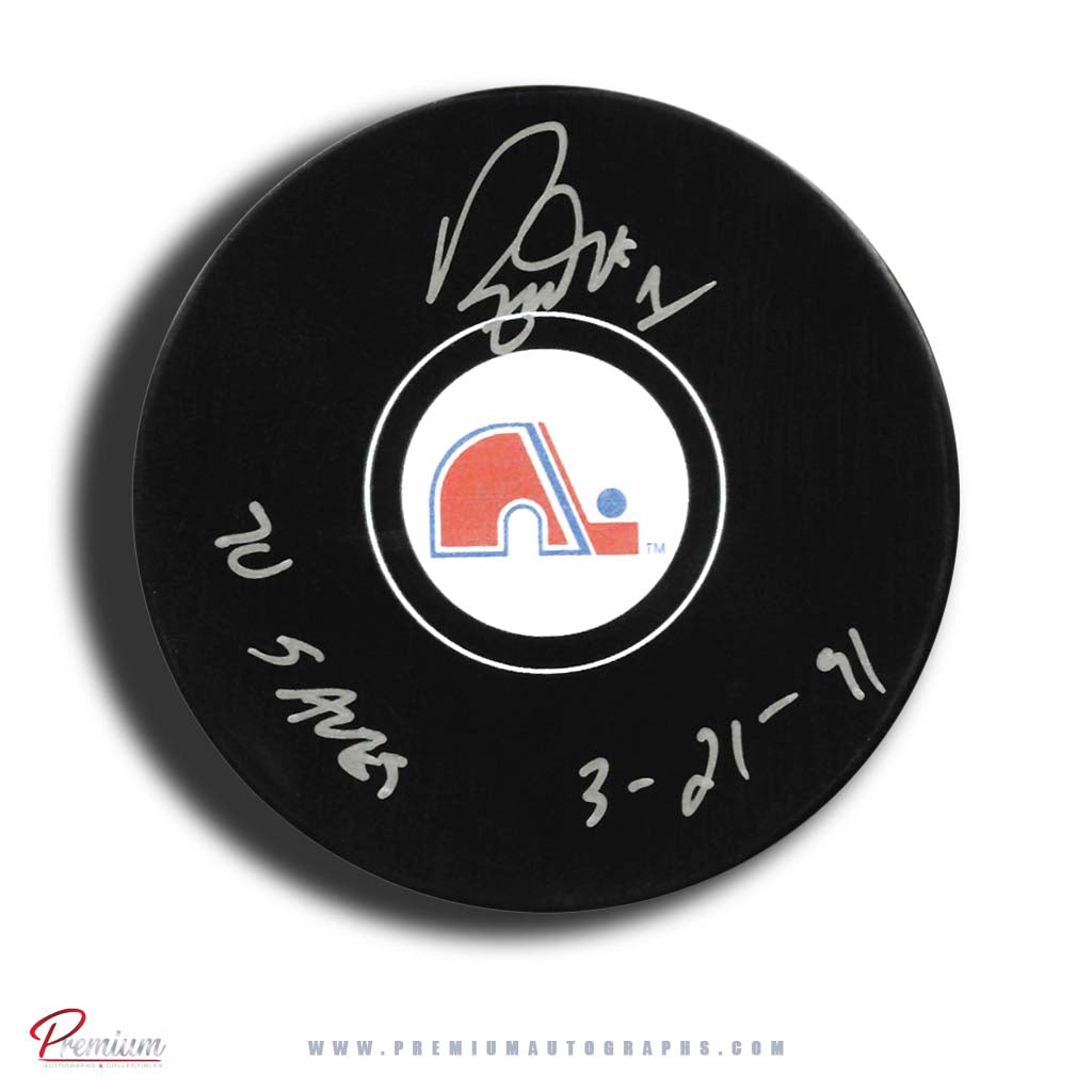 Ron Tugnutt Quebec Nordiques Autographed Puck w/ 70 Saves 3-21-91 Inscription