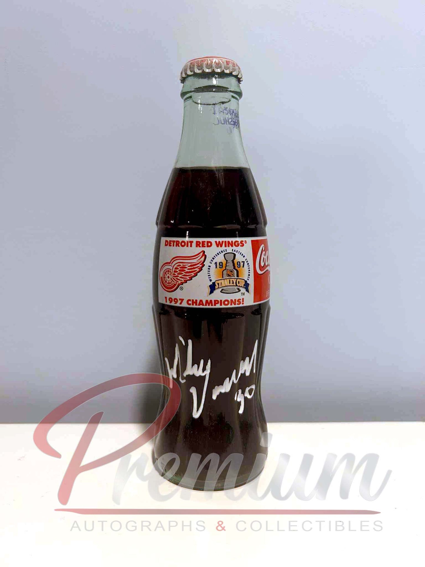 Mike Vernon Detroit Red Wings Autographed 1997 Stanley Cup Champions Special Edition Bottle of Coca-Cola (Un Opened) WHITE