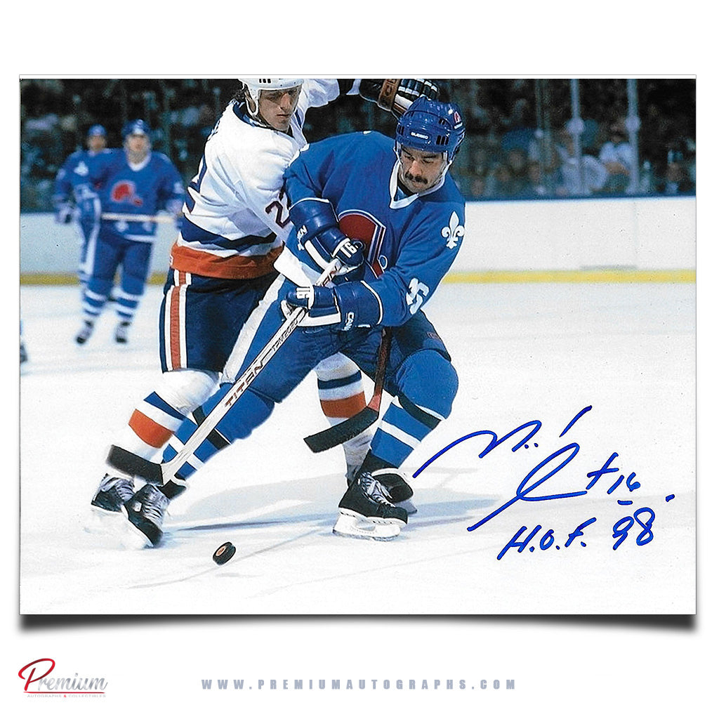 Michel Goulet Quebec Nordiques Autographed 8x10 Photograph Vs. Mike Bossy w/ HOF 98 Inscription