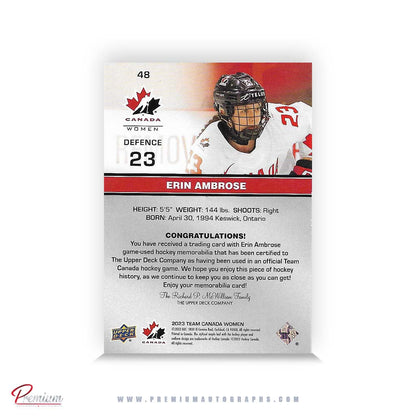 Erin Ambrose Team Canada Autographed 23-24 Upper Deck Woman Hockey Card Game Used Jersey #48