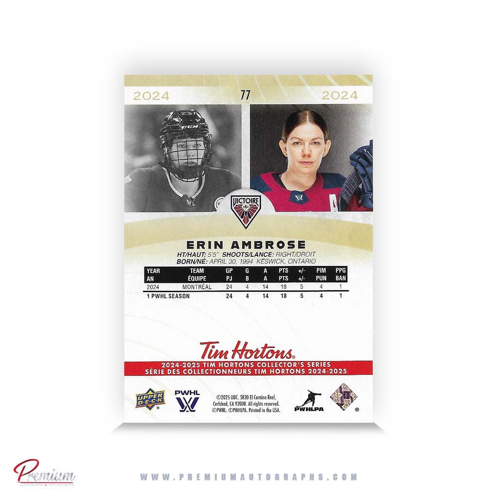 Erin Ambrose Montreal Victoire Autographed 25-26 Upper Deck PWHL Tim Hortons Hockey Card #77