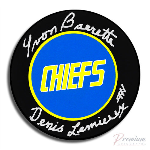 Yvon Barrette Charlestown Chiefs Signed Puck w/ Denis Lemieux Inscription