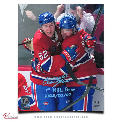 Owen Beck Montreal Canadiens Signed 8x10 Photograph Goal Celebration w/ 1st NHL Point 2025/02/27 Inscription