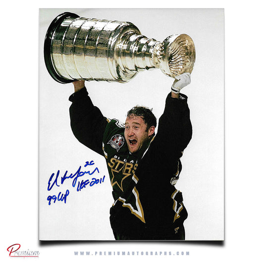 Ed Belfour Dallas Stars Autographed 8x10 Photograph Stanley Cup Celebration w/ 99 Cup & HOF 2011