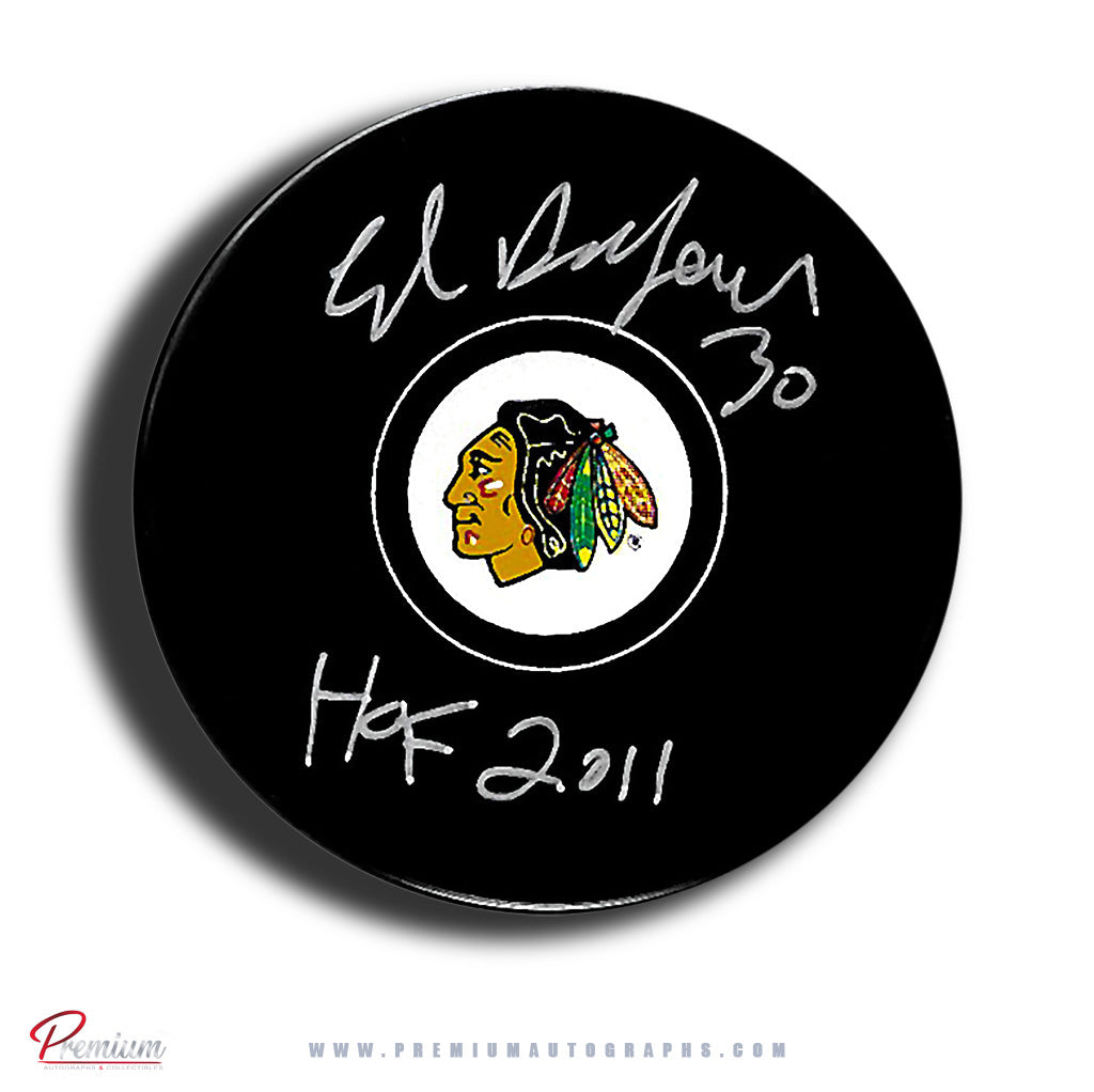 Ed Belfour Chicago Blackhawks Autographed Puck w/ HOF 2011 Inscription