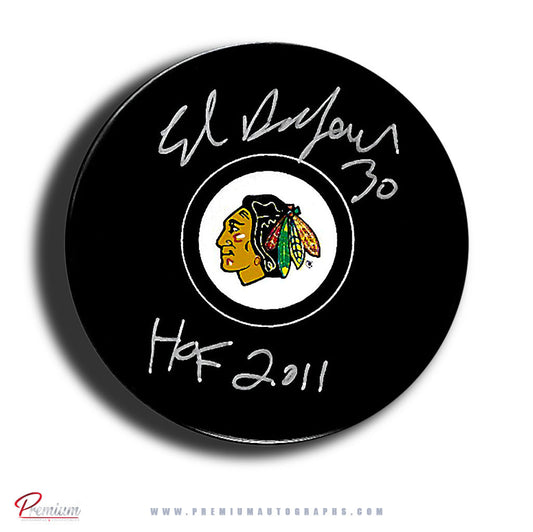 Ed Belfour Chicago Blackhawks Autographed Puck w/ HOF 2011 Inscription