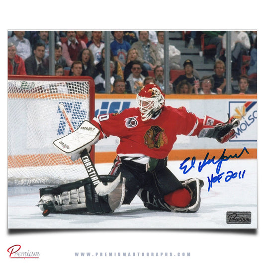 Ed Belfour Chicago Blackhawks Autographed 8x10 Photograph Pad Save w/ HOF 2011 Inscription