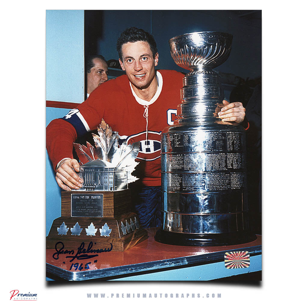 Jean Beliveau Montreal Canadiens Signed 8x10 Photograph with Stanley Cup & Conn Smythe w/ 1965 Inscription