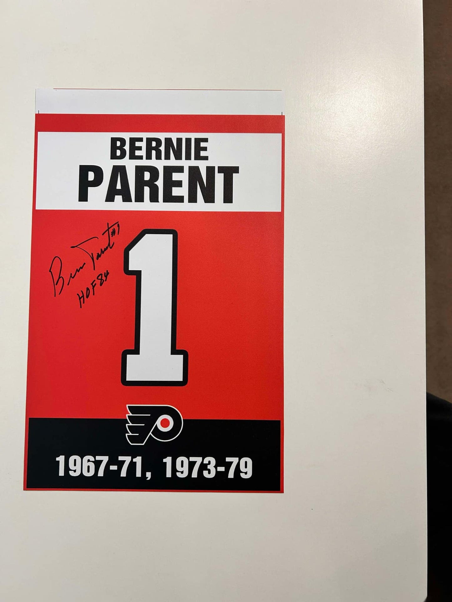 Bernie Parent Philadelphia Flyers Career Banners Autographed w/ HOF 84