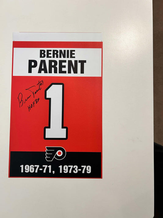 Bernie Parent Philadelphia Flyers Career Banners Autographed w/ HOF 84