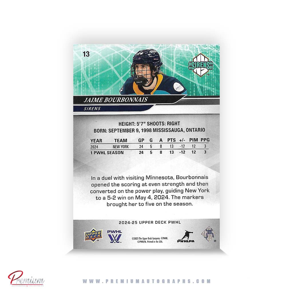 Jaime Bourbonnais New York Sirens Autographed 2024-25 Upper Deck PWHL Hockey Card #13