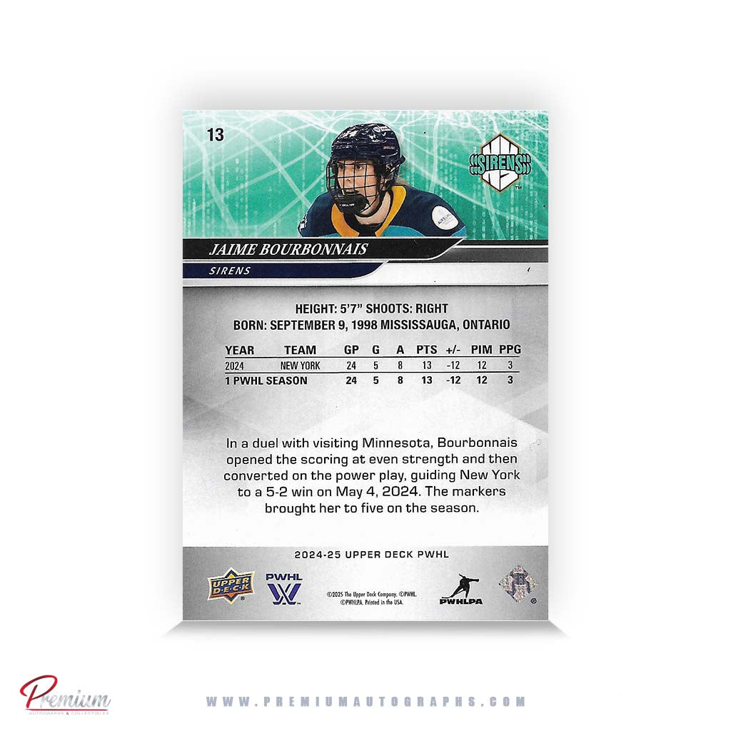 Jaime Bourbonnais New York Sirens Autographed 24-25 Upper Deck PWHL Hockey Card #13 Ltd /14 Nicknames edn. w/ "Jaim" Inscription