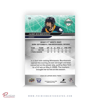 Jaime Bourbonnais New York Sirens Autographed 24-25 Upper Deck PWHL Hockey Card #13 Ltd /14 Nicknames edn. w/ "Jaim" Inscription