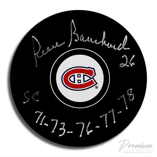 Pierre Bouchard Montreal Canadiens Signed Puck w/ SC 71-73-76-77-78 Inscription