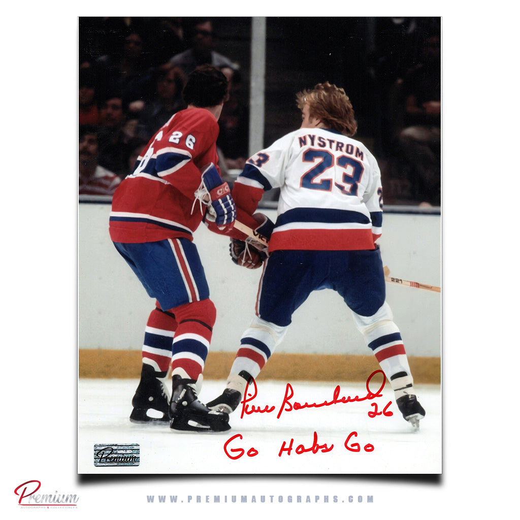 Pierre Bouchard Montreal Canadiens Autographed 8x10 Photograph Vs. The Islanders w/ Go Habs Go! Inscription